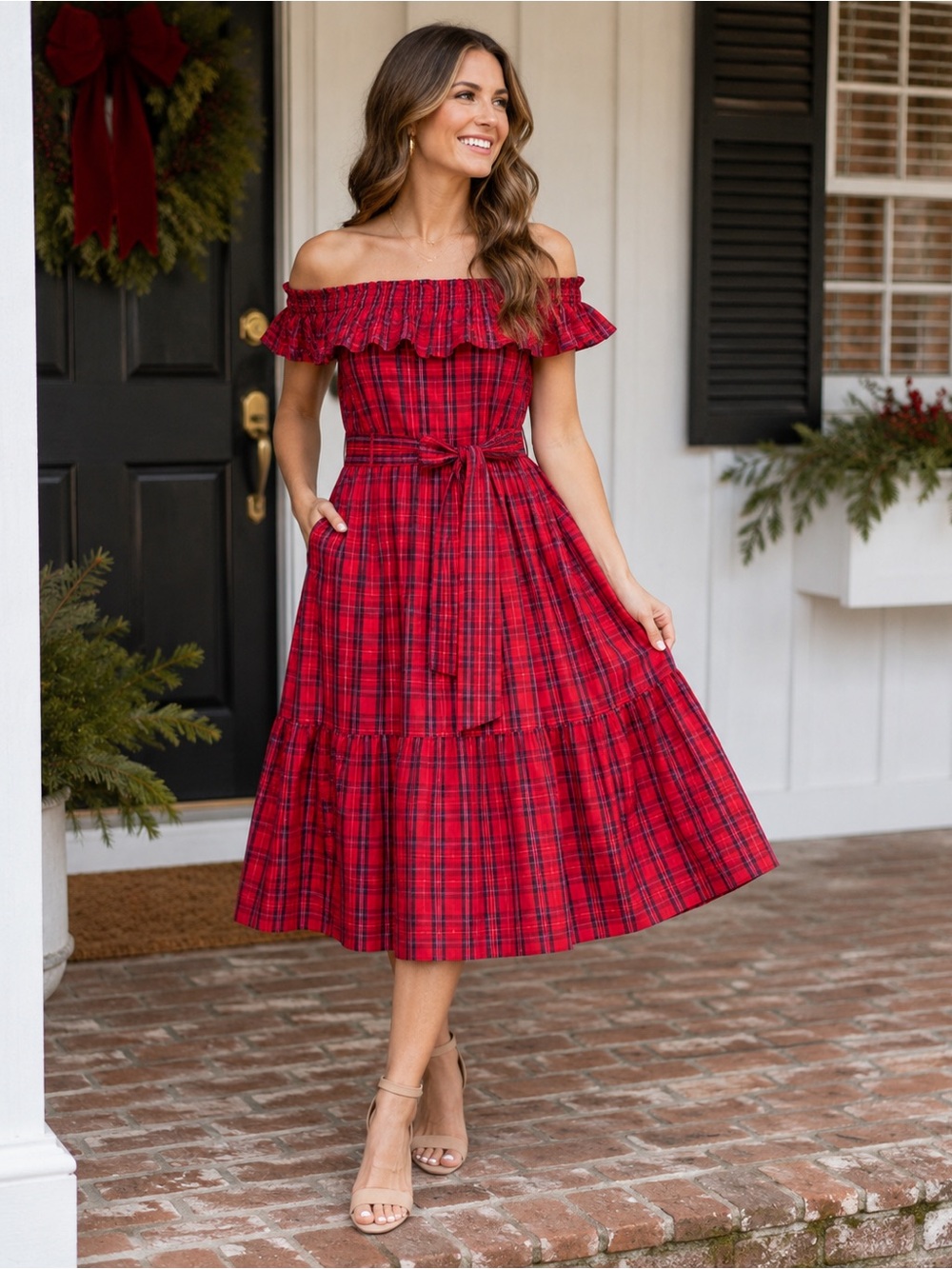 NWT Draper James Angie Plaid Off Shoulder Tie Waist Midi Dress Red Cotton L